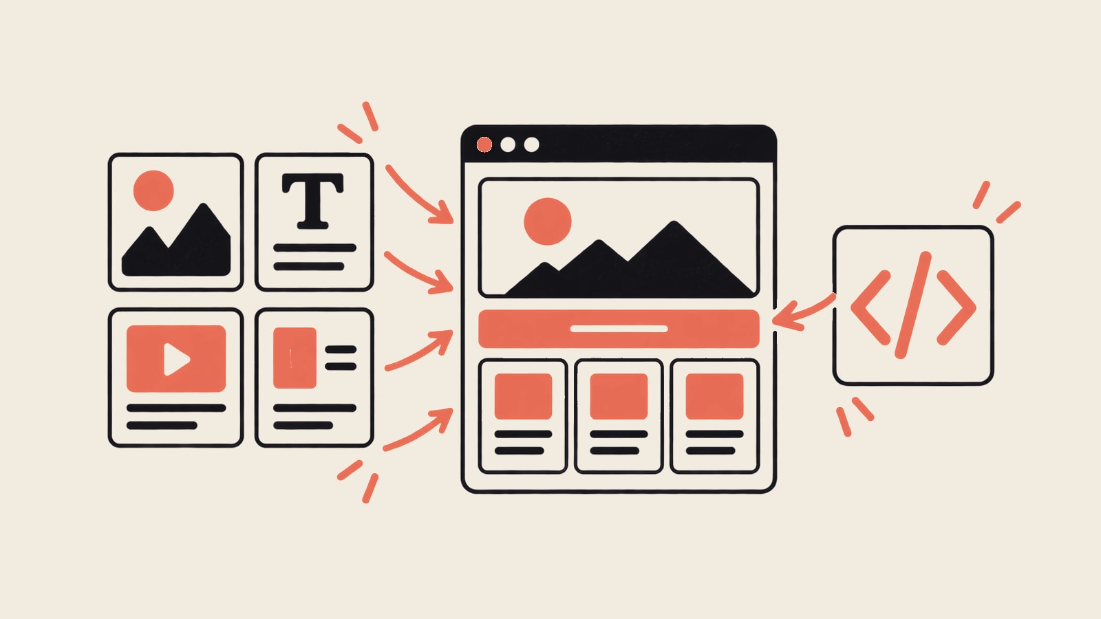 Visual layout elements and code converging on one website.