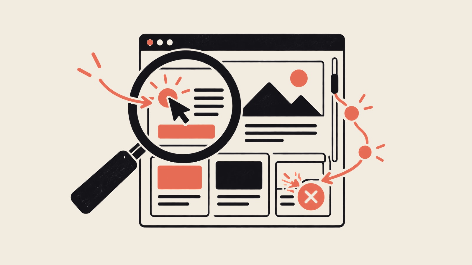 Website clicks, scroll behavior and a blocked interaction examined through a magnifying glass.