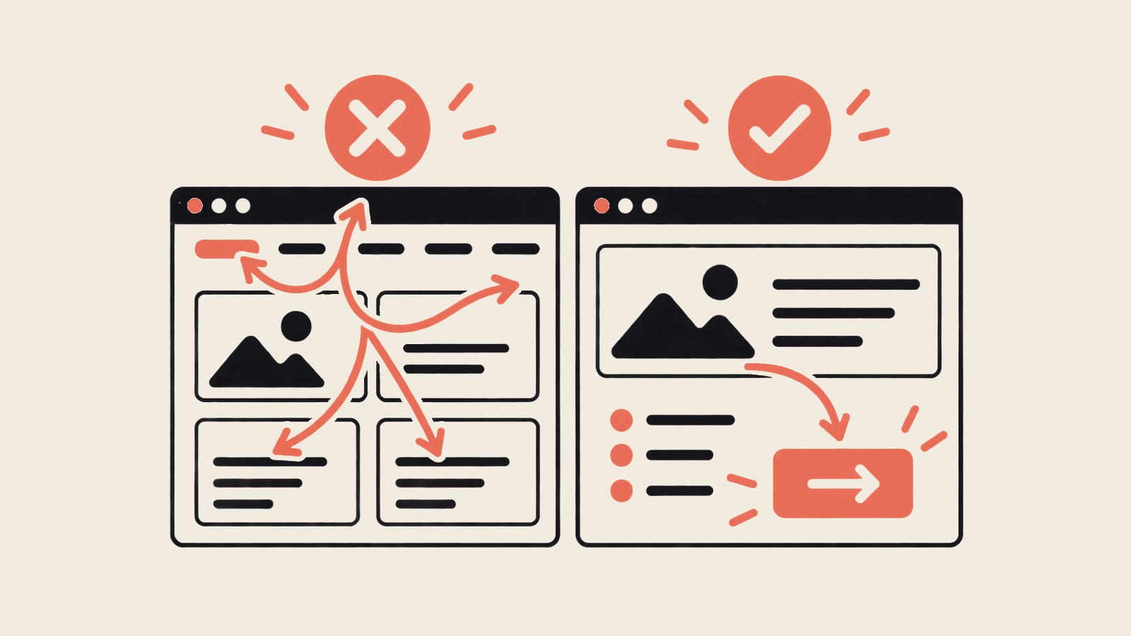 Landing pages comparing branching navigation with a focused action path.