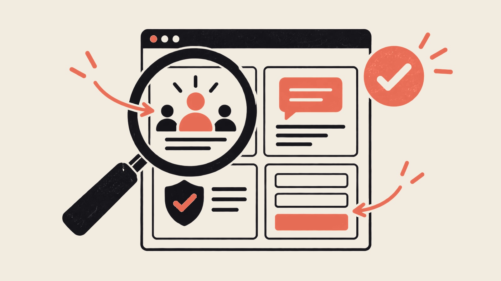 Website diagnostic board with a magnifying glass, audience, messaging, trust and form.