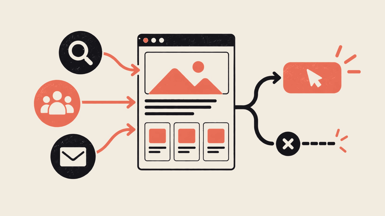Traffic sources entering a website and splitting into enquiry and blocked conversion paths.